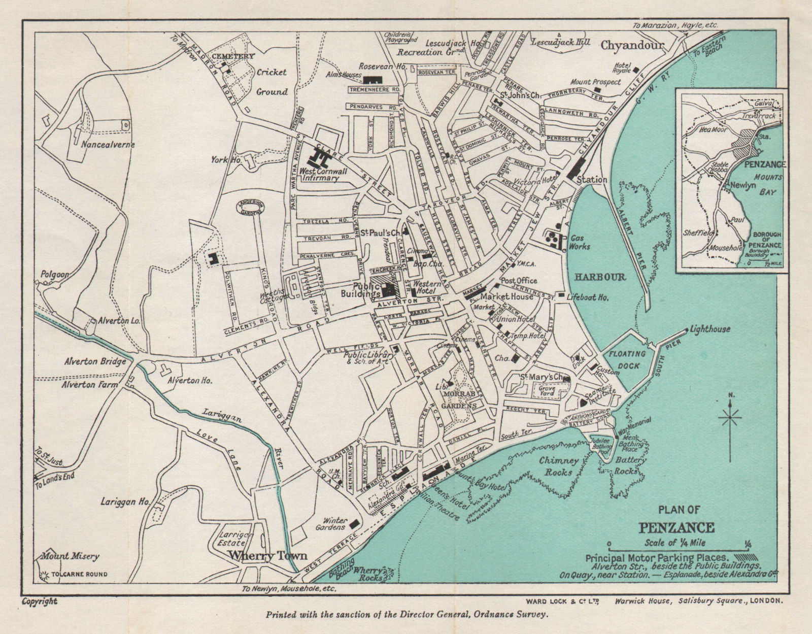 PENZANCE vintage tourist town city plan. Cornwall. WARD LOCK 1944 old map